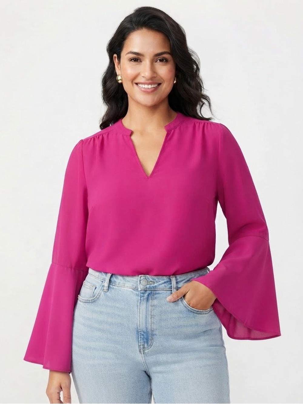TCEC Magenta Pink Bell Sleeve V-Neck Blouse Top Size Small
